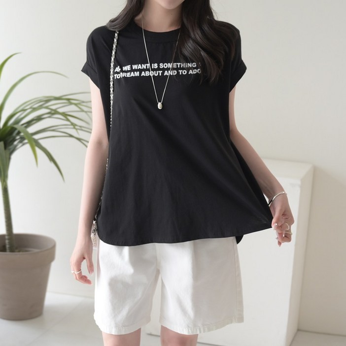 데일리앤 아칸 코튼 여성 레터링 캡소매 루즈핏 플레어 훌 티셔츠