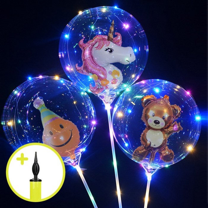 3개 세트 LED 캐릭터 풍선 만들기 에어펌프 포함 빛나는 엘이디 라이트 투명 파티 벌룬 생일 이벤트 용품 전구 버블 야광 홈파티 축제 프로포즈