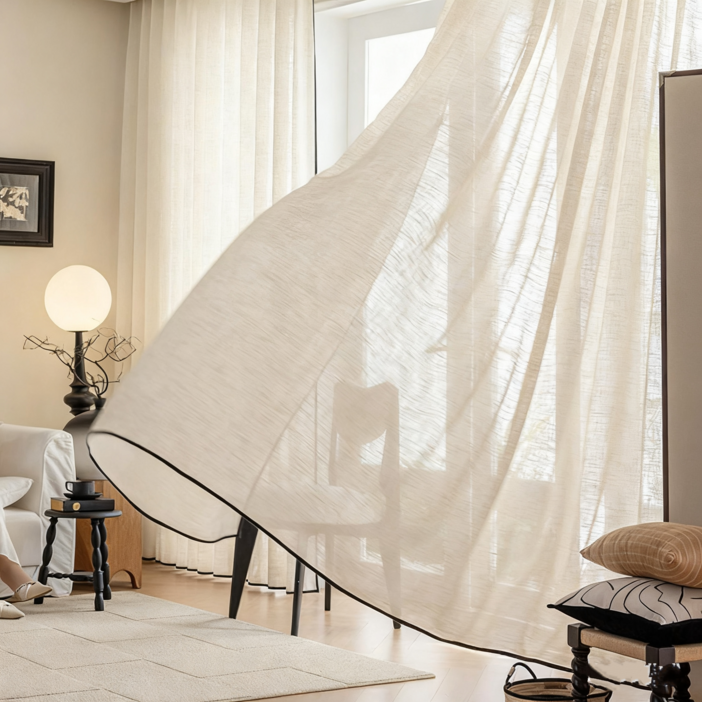 스트라이프 린넨스타일 쉬폰 커튼  2장세트 아일렛형