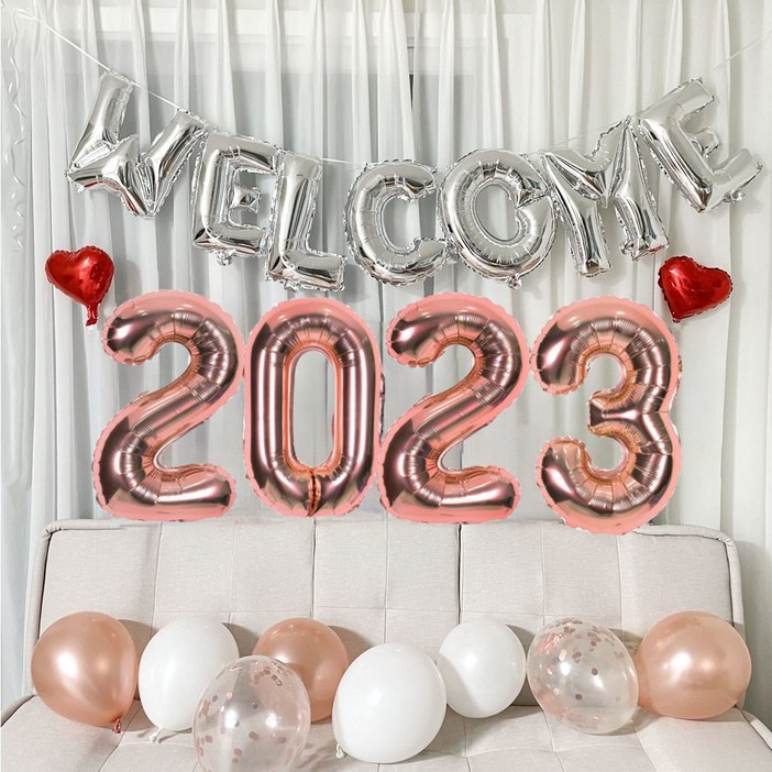 웰컴 2023 신년 파티 장식 포토존 세트, 이니셜실버숫자로즈골드