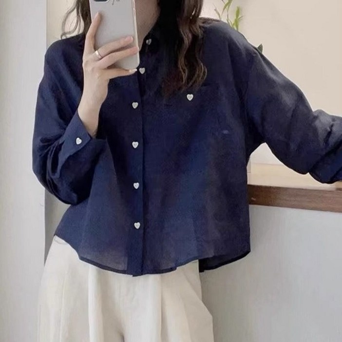 루스리더 여성 하트 단추 린넨 크롭 긴팔 셔츠 M280