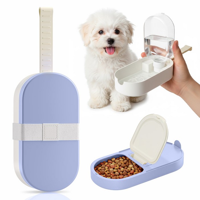 휴대용 접이식 물병반려동물 사료병, 2 in 1, 반려견 반려묘 산책용, 1개, 파란색  흰색