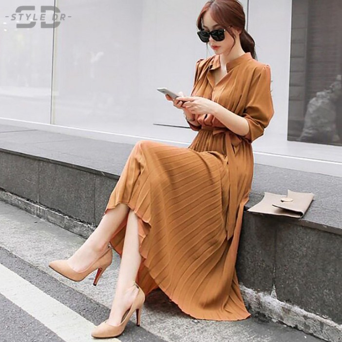 스타일닥터 여자 긴팔 플리츠 시폰 원피스