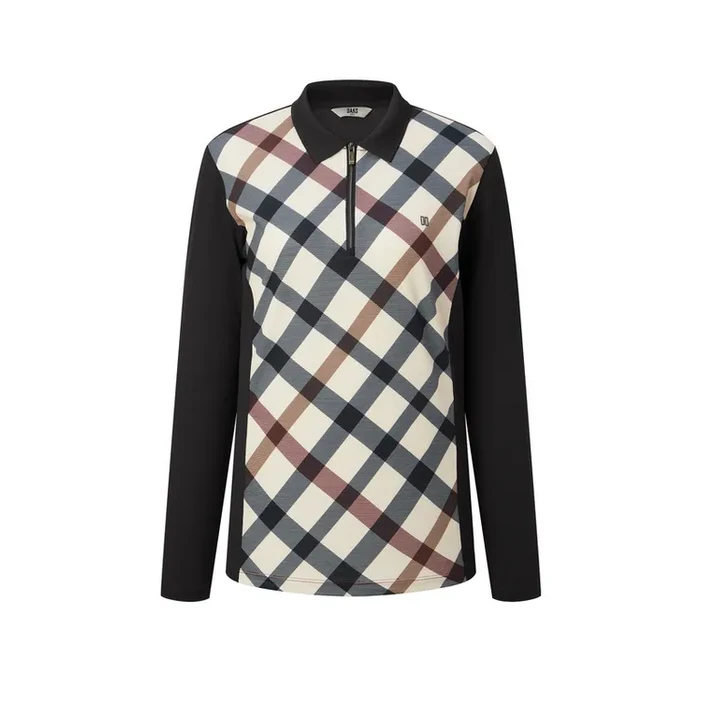 닥스골프 여성 블랙 체크배색 반집업 티셔츠