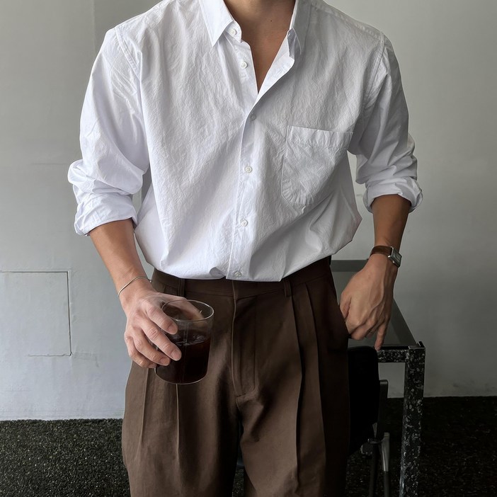 style dr 남성용 사계절 베이직 긴팔 셔츠 오버핏셔츠 캐주얼 셔츠