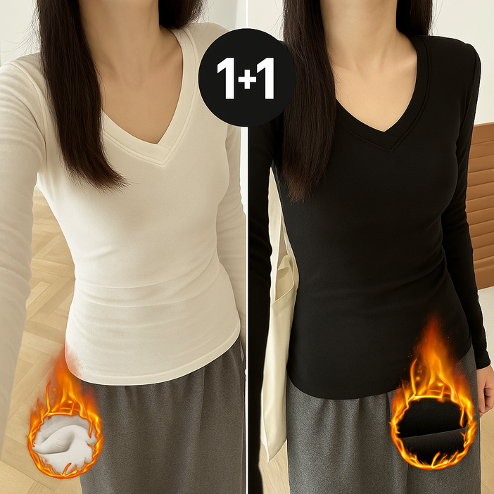 웨일쓰 11 여성 슬림핏 브이넥 기모 티 따뜻한 기본템 데일리 베이직 긴팔 티