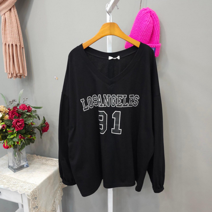 여성용 브이넥91 오버핏 면100% 롱박스 긴팔 티셔츠