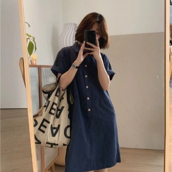 이유무무 NQ289 카라 반팔 미디 셔츠 원피스