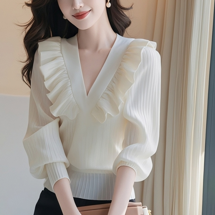 루스리더 여성 프렌치풍 브이넥 루즈핏 긴팔 블라우스 M649