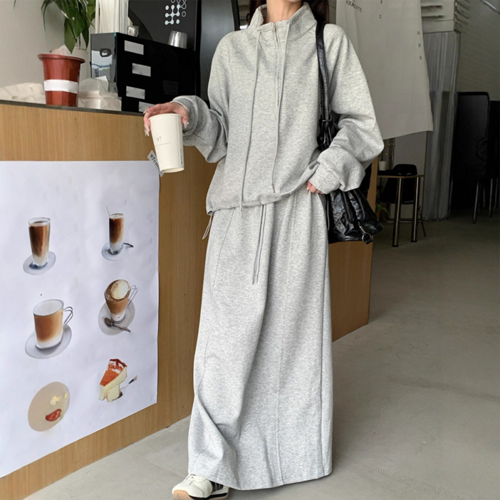 TIMEPURE 봄가을 순색 캐주얼 맨투맨 디자인 루즈핏 트임 스커트 패션 세트 여자 긴팔 치마 투피스 허리 밴딩