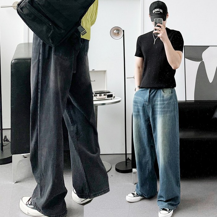 프리미엄 바이오 샌드브러쉬 뒷밴드 와이드 팬츠 데님 청바지 프리미엄 바이오 샌드브러쉬 뒷밴드 와이드 팬츠 데님 청바지
