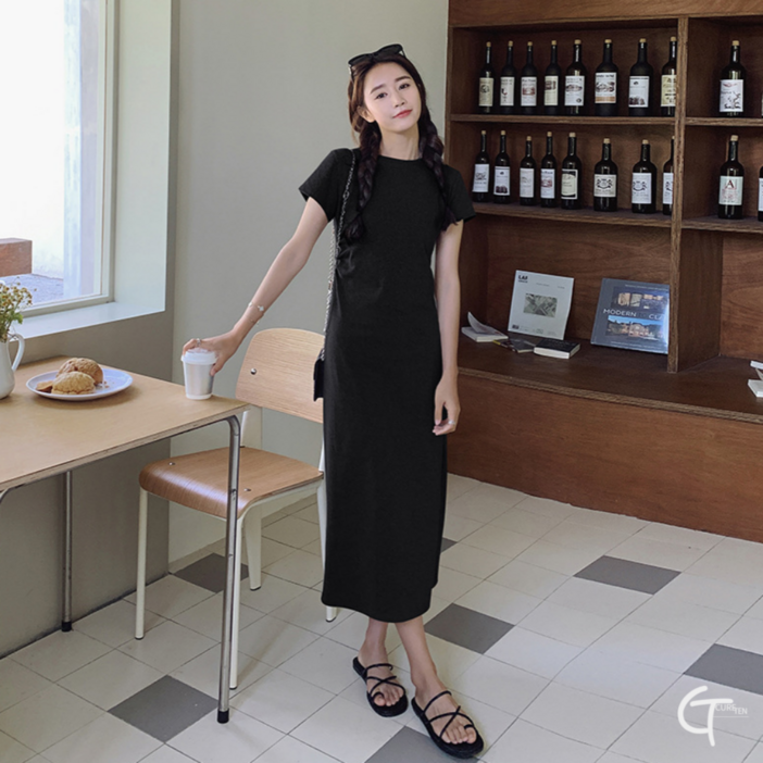 CureTen 라운드넥A라인 원피스 무지 셔링 스커트