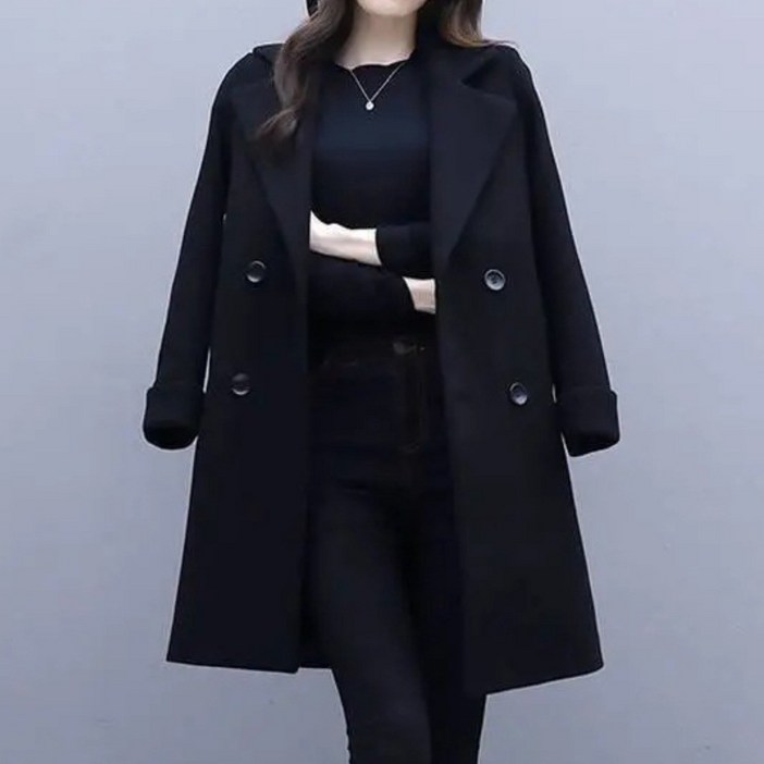 봄 가을 코트 심플 샤프트 울 코트 두툼 헵번 스타일 포켓 탑재 여성 블랙 슬림 미디 길이 더블 버튼 트렌치 코트 빅사이즈