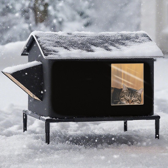PETTOO 길고양이 유기견용 겨울 보온 항온 대공간 야외 방수 고양이 집, 1개, 블랙