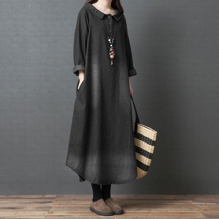 셀럽당빅사이즈 데님 원피스 가을옷 박시 배 가리는 시크 미디 스커트