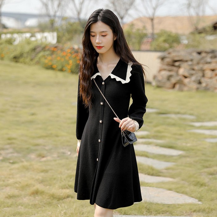 ForU 가을겨울 지금헤어지는중 송혜교 원피스 스타일 2021 최신상 프랑스어 스타일 허리 컷 드레스 긴 소매 인형 칼라 내부 니트 드레스 가을 겨울 스웨터 드레스 빠른배송