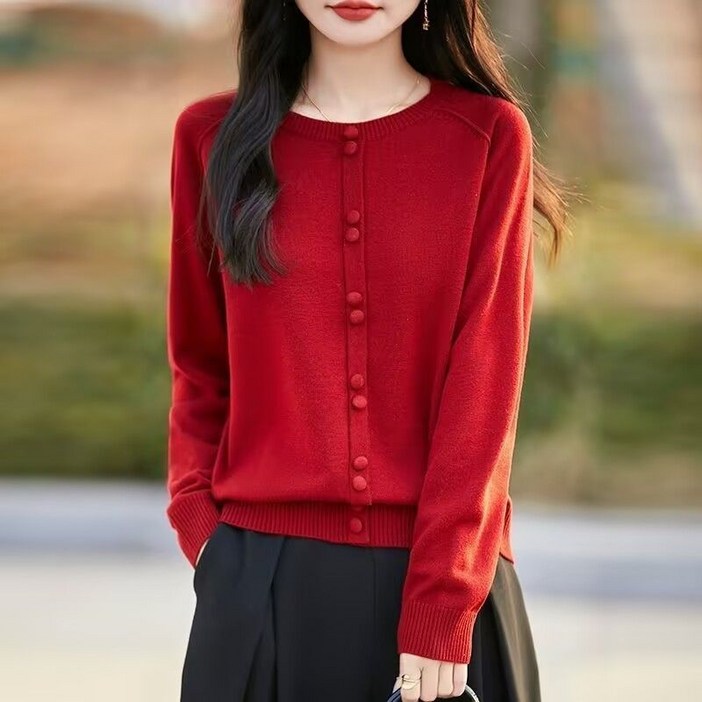 VVRR 여성 미니멀 베이직 라운드 넥 단추 래글런 소매 니트 Z0101412