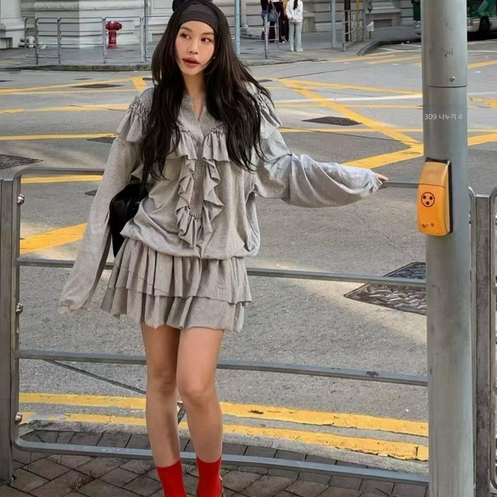 블랙아이보리 여성 레이스 프릴 러플 롱 원피스