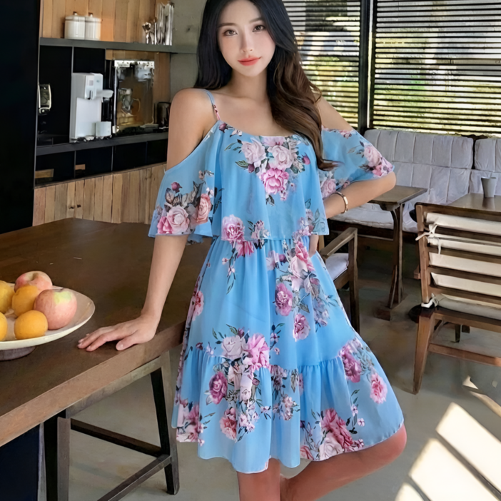 쁘띠엘라 휴양지원피스 체형커버 쉬폰 미니 드레스 리조트룩