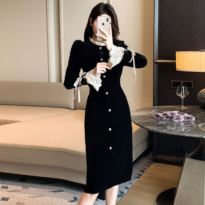 메인워크 여성 벨벳 트위드 원피스 빅사이즈 고급 이너 롱스커트 가을가을 미니 블랙 스커트 하객룩 데이트룩