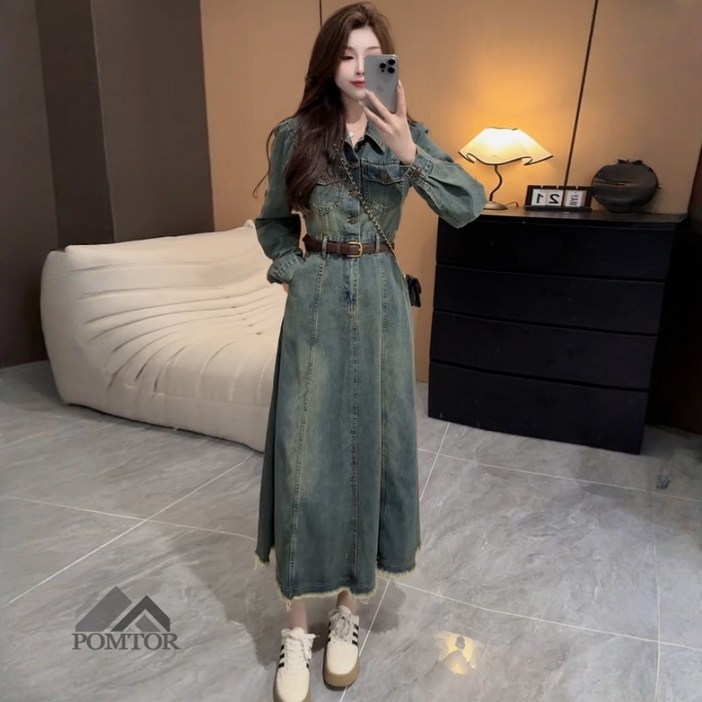 POMTOR 여성  봄 가을 빅사이즈 심플 긴팔 셔츠 데님 카라 청 원피스