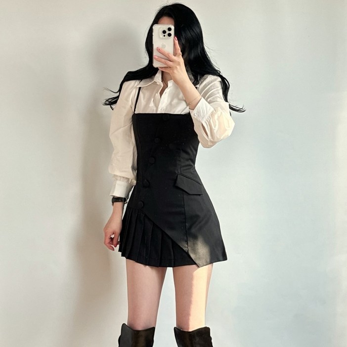 디얼제이 여성용 긴팔 셔츠 뷔스티에 미니 원피스 세트 투피스