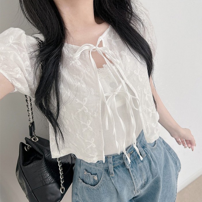 라라홀리 리본 자수 퍼프소매 라운드넥 반팔 숏 가디건