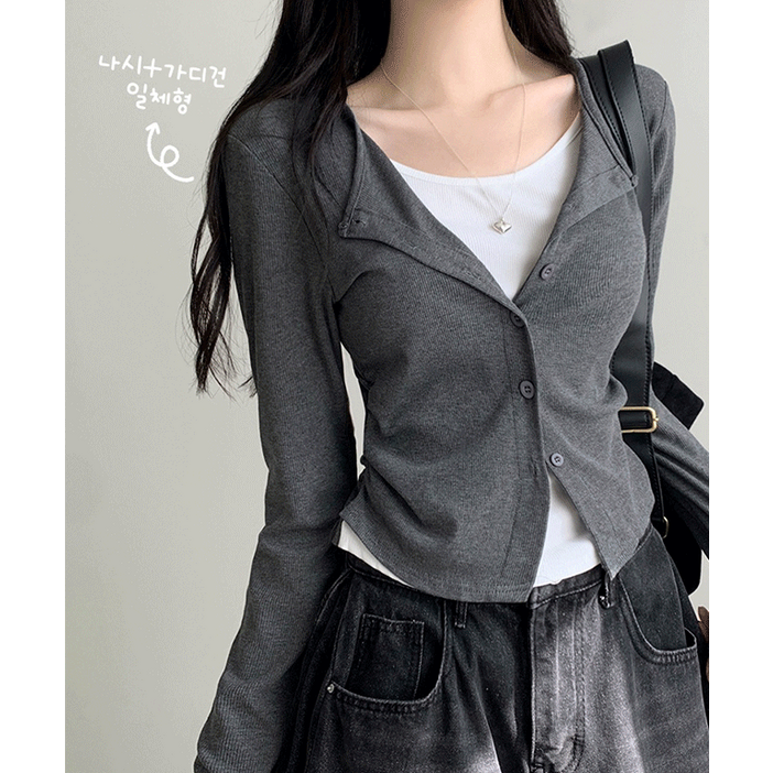 자스민벨 젠트 레이어드 베이직 여유핏 셔링 라운드 일체형 가디건 티셔츠 봄신상 이너세트 슬림 여리핏