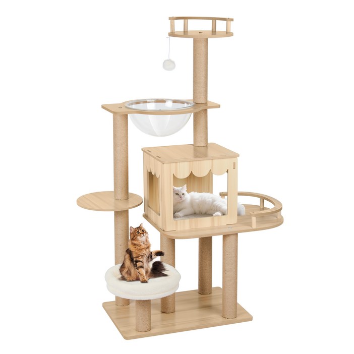 리빙가감법 고양이 대형 스크래쳐 캣타워 반려동물 실내 호화로운 목제 아크릴 해먹 방석 장난감 캣타워 다층 구조 기둥 숨숨집 강력한 내하중 흔들없이, 원목색, 1개