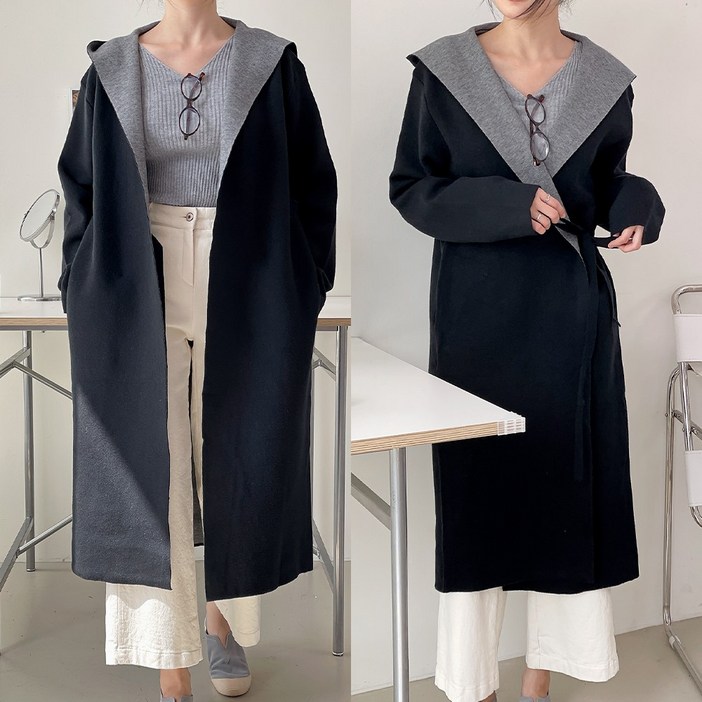 니트코어 여자 봄가을 간절기 빅사이즈 루즈핏 고퀄 부드러운 모던 배색 후드 오픈 벨트 긴팔 롱 니트 가디건 코트 스웨터 출근룩
