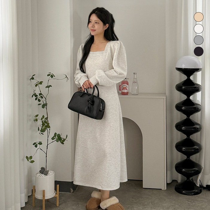 디테일웨어 여성 마델 기모 스퀘어넥 퍼프 롱원피스 어깨셔링 플레어 스커트 오버핏 편한원피스 임산부 원피스