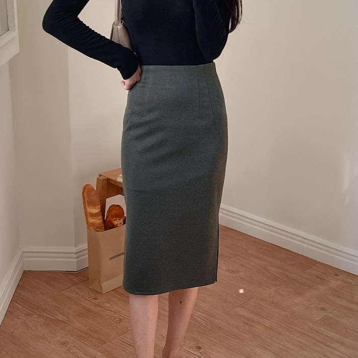 이푼아이 하운드 투스 잔체크 H라인 스판 양트임 롱 스커트