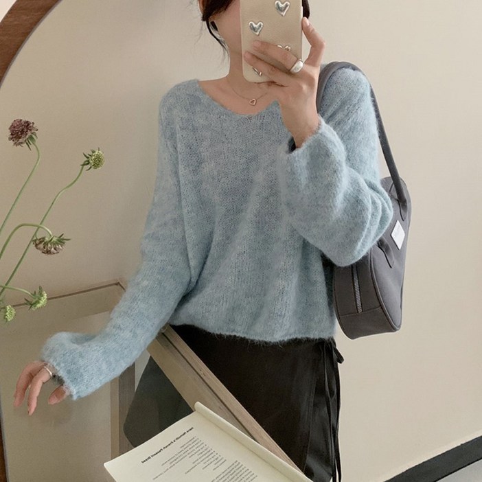 여성용 브이넥 파스텔 니트 루즈핏 스웨터 긴팔 티셔츠