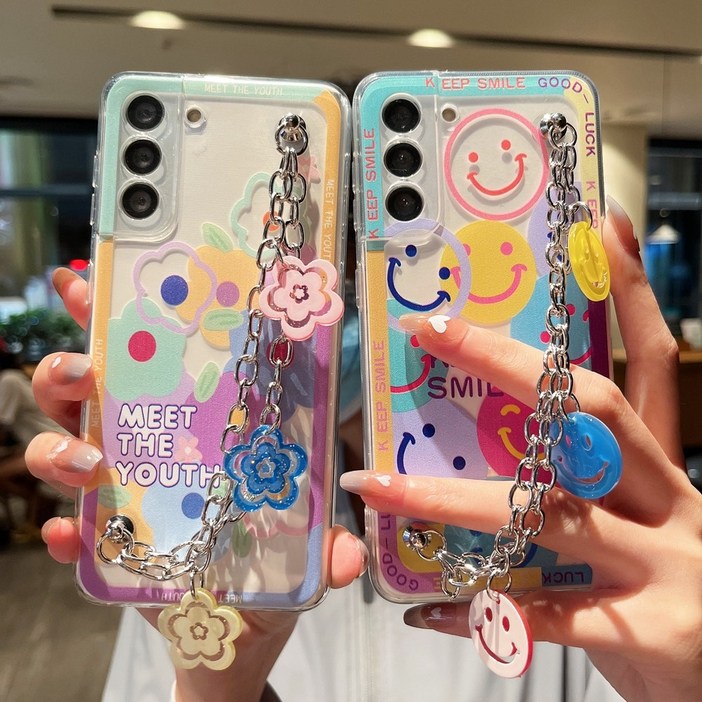 사은품/갤럭시 A시리즈 전기종 스마일 플라워 체인 스트랩 귀여운 디자인 투명 실리콘 젤리 핸드폰 케이스