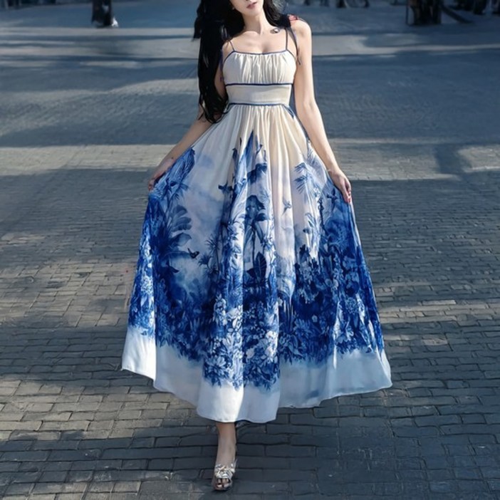 여성 여름 민소매 수묵화 리넨 슬링 롱 원피스