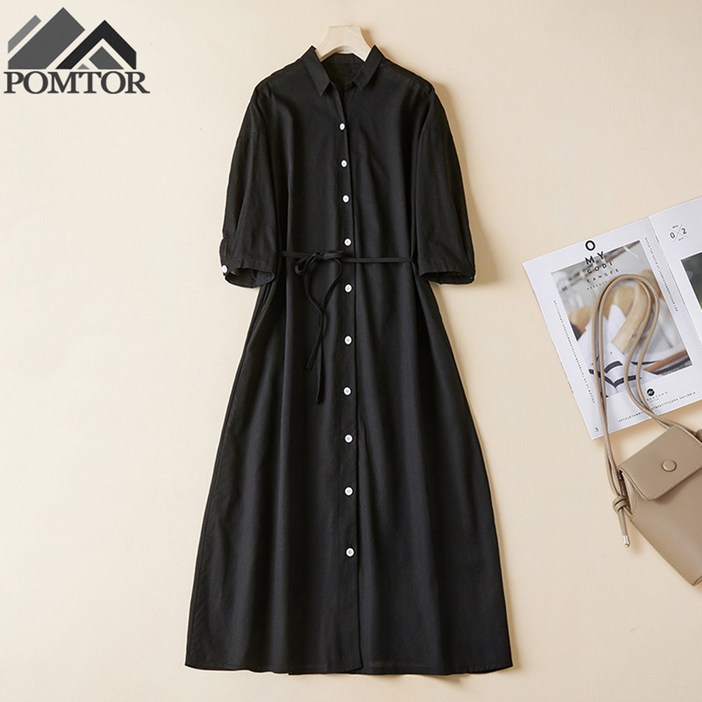 POMTOR 여름 여성 루즈핏 칠부 원피스 셔츠넥 A라인 미디 원피스