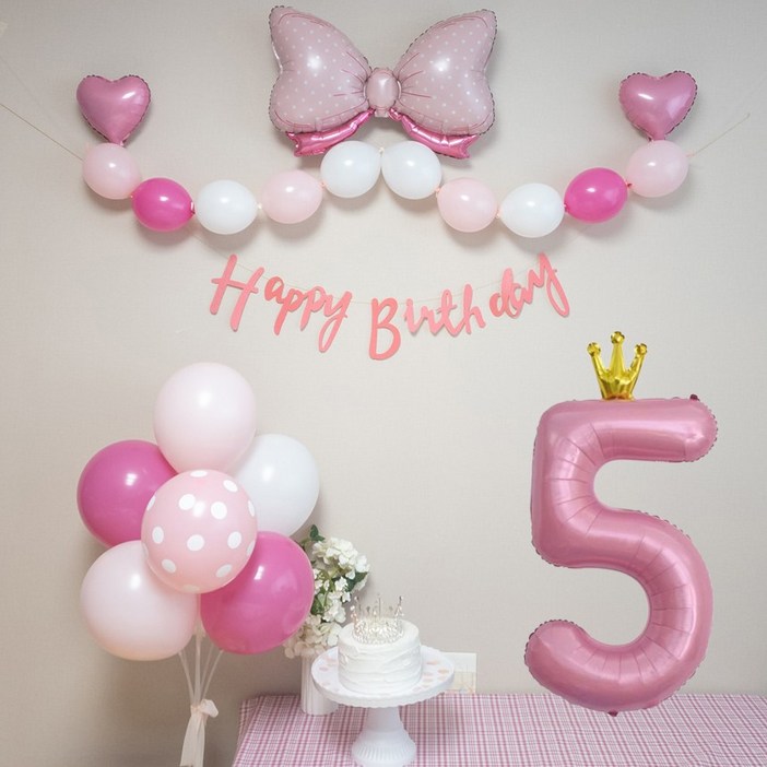 연지마켓 생일풍선 생일파티용품 리본풍선 숫자세트, 핑크리본 핑크세트 5