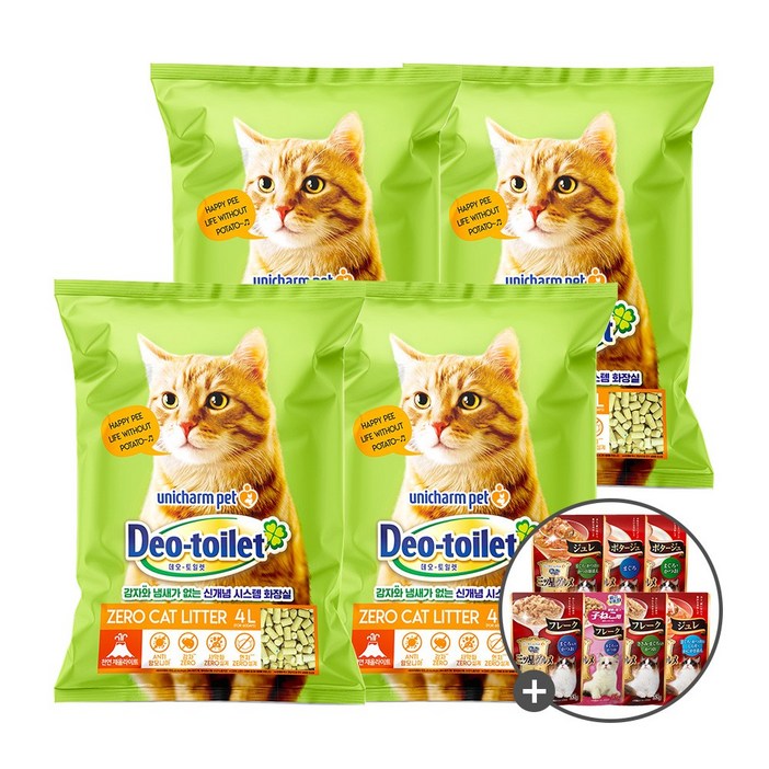 유니참 데오토일렛 사막화 방지 고양이 모래4L X 4팩 + 미쓰보시 랜덤