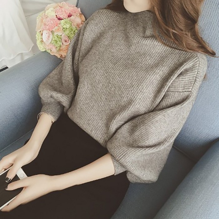 여성 반목 반폴라 반하이넥 퍼프 벌룬 소매 7부 예쁜 니트 티셔츠 맨투맨 쉐리반목퍼프니트