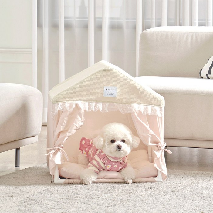 개과천선 프린세스 강아지 하우스 애견 꿀잠 예쁜 프릴 커튼 공주 숨숨집 베이지, 베이지, 1개