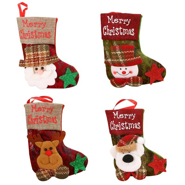크리스마스 양말 장식 선물주머니 트리 데코 소품 산타 루돌프 눈사람 곰돌이, 1개