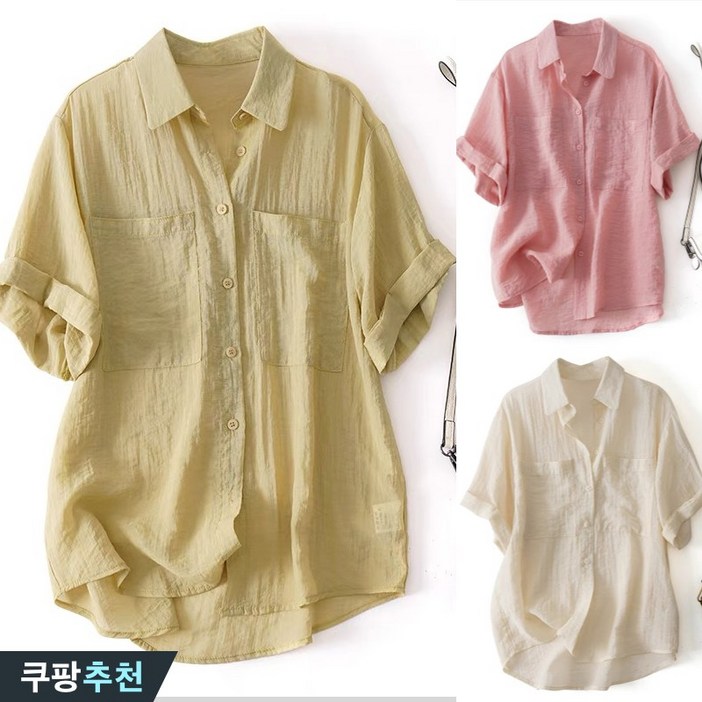 완전 편한 85kg까지 빅사이즈 여성 린넨 빈티지 카라 반팔 셔츠 여름 편한 심플 캐주얼 우아한 베이직 데일리 루즈핏 포켓 포인트 얇은 오피스룩 부드러운 통기성 상의 남방