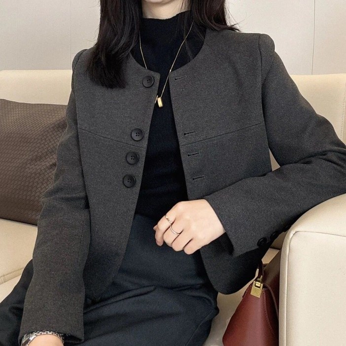 여성용 숏 노카라 모직 자켓 오피스 슬림 하프 코트 봄가을 라운드넥 버튼 캐주얼 베이직 숏 아우터
