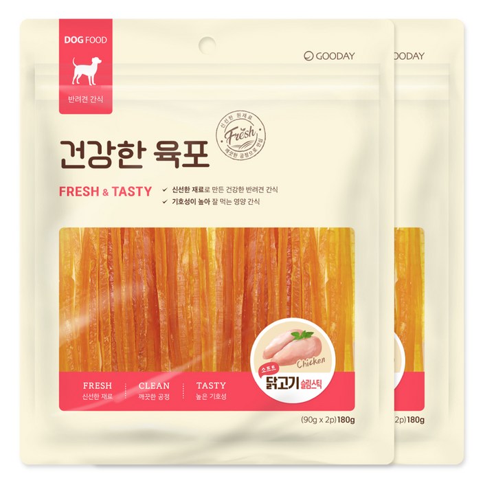 굿데이 강아지 건강한육포 소프트 슬림스틱 간식, 닭고기, 180g, 2개