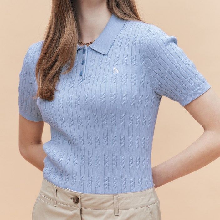 헤지스 여성용 아이코닉 면 케이블 반팔 카라 풀오버