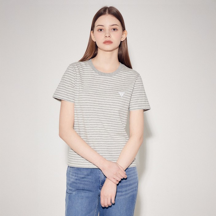 게스 여성용 미니삼각 스트라이프 면 반팔 티셔츠 YP2K9430GRYM