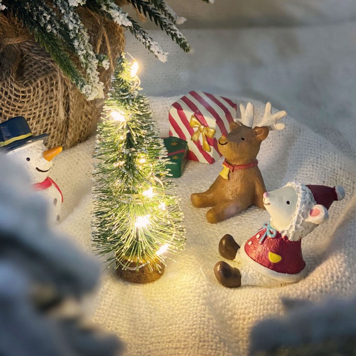 이플린 크리스마스 미니트리 + 도자기인형 세트 + LED 전구, 혼합색상 6