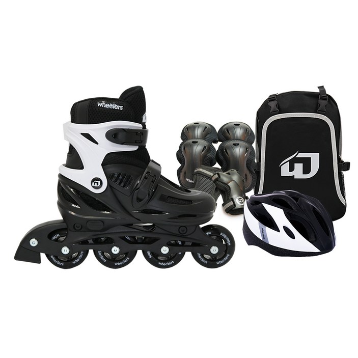 휠러스 아동용 에이스2 인라인스케이트  가방  보호대  헬멧 콤보 세트, 블랙