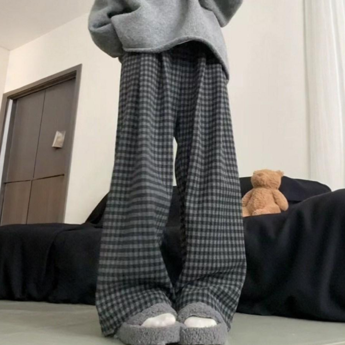 BIKASU 여성 겨울 기모 체크 와이드 팬츠 캐주얼 일자 바지