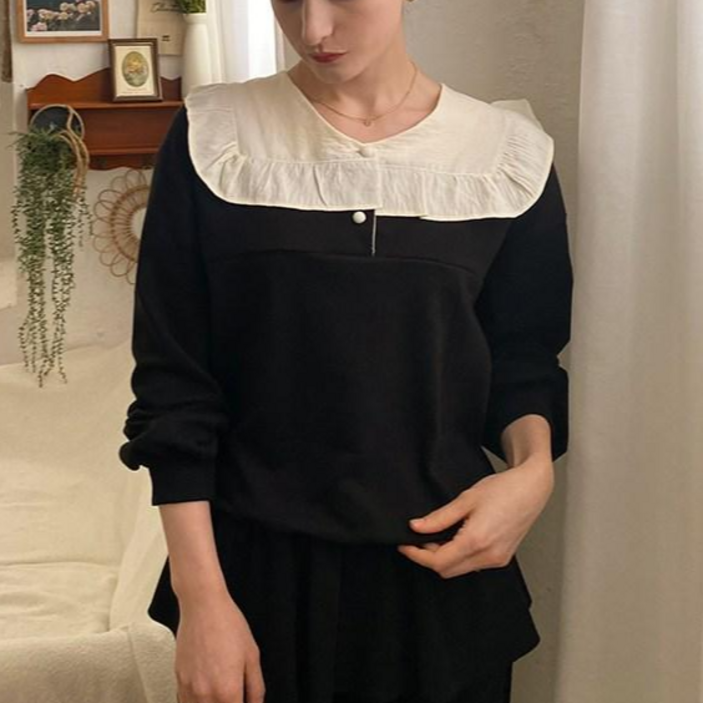 [메리브] 뮬리카라맨투맨 여성맨투맨 여성티셔츠 여성긴팔 쮸리맨투맨 카라티셔츠 블라우스 2color